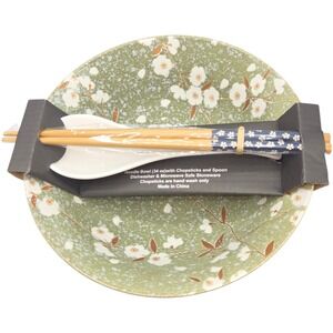 SH Home Sakura Cherry Blossom Ceramic‎ Ramen Noodle Bowl Green Chopsticks Spoon